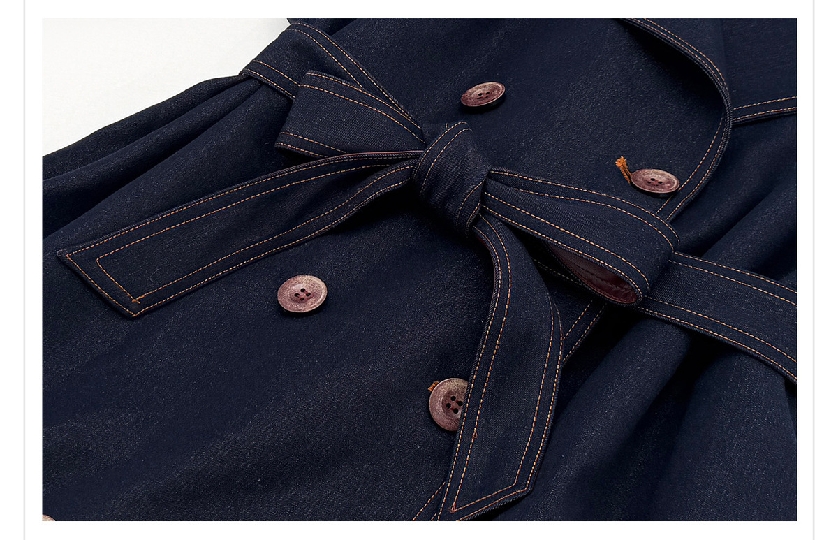 Áo khoác dáng trench denim phối chỉ tương phản cổ bẻ thắt eo dài trung — Xanh navy (giao hàng trong 7 ngày)