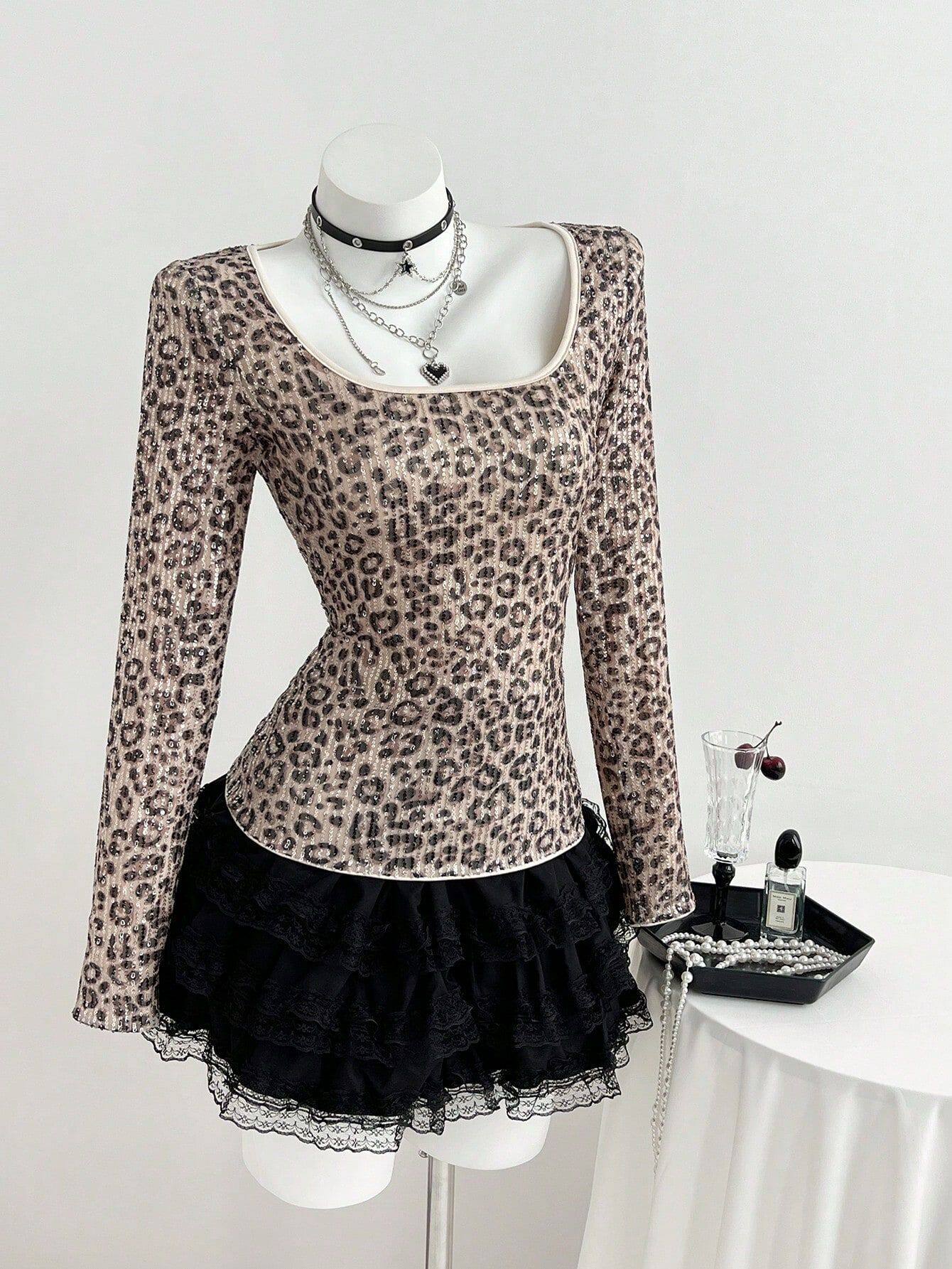 Leopard Print Long Sleeve T Shirt Slim Fit Square Neck Trendy Design Casual Wear for Women Ready to Ship