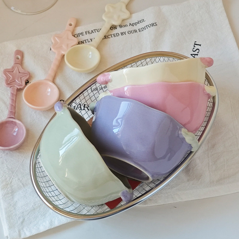 [Sugar Beans] Color-Blocked Bead Dot Bowl Ins Girly Heart Cream Style Exquisite High-Value Dessert Bowl Salad Bowl Rice Bowl