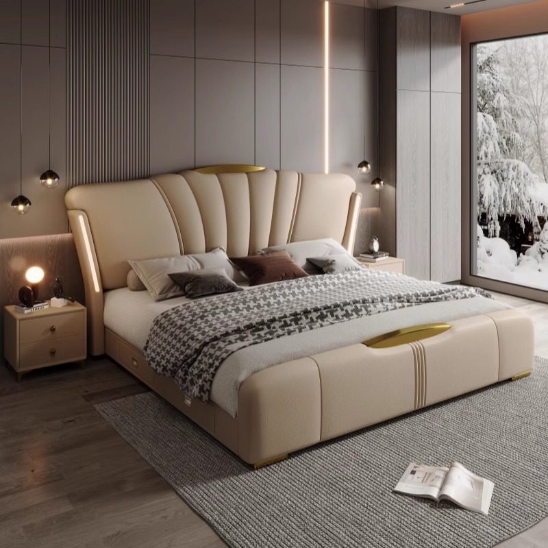 Italian Accessible Luxury Leather Bed with Light Multi-Functional Storage 2m Large Bed Master Bedroom 1.8m Double Bed Modern Simple Wedding Bed