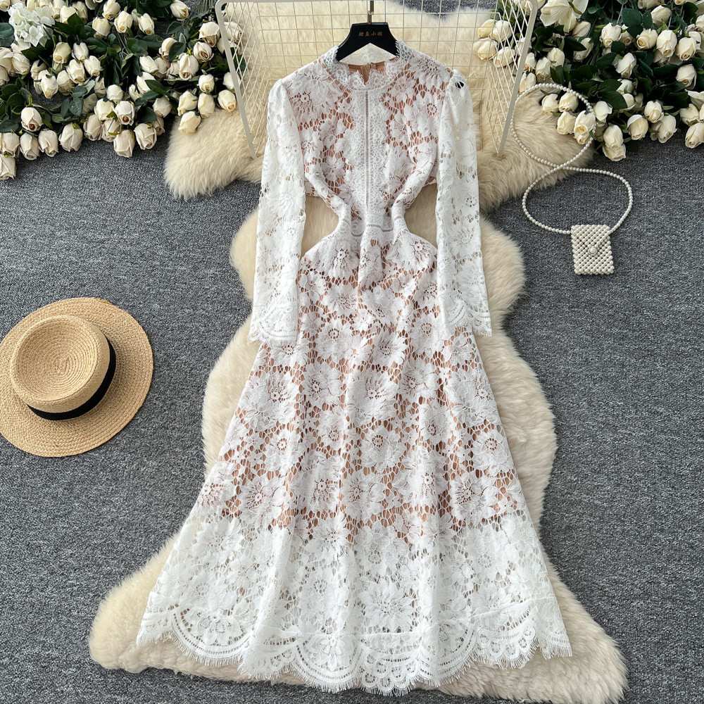 French Style Elegant Lace Dress High End Crochet Design Slim Fit Autumn Fashion Perfect for Formal Occasions