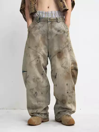 Washed Vintage Design Denim Jeans 2025 Spring Fall New Unisex Heavy Distressed Wide Leg Curved Cut Pants