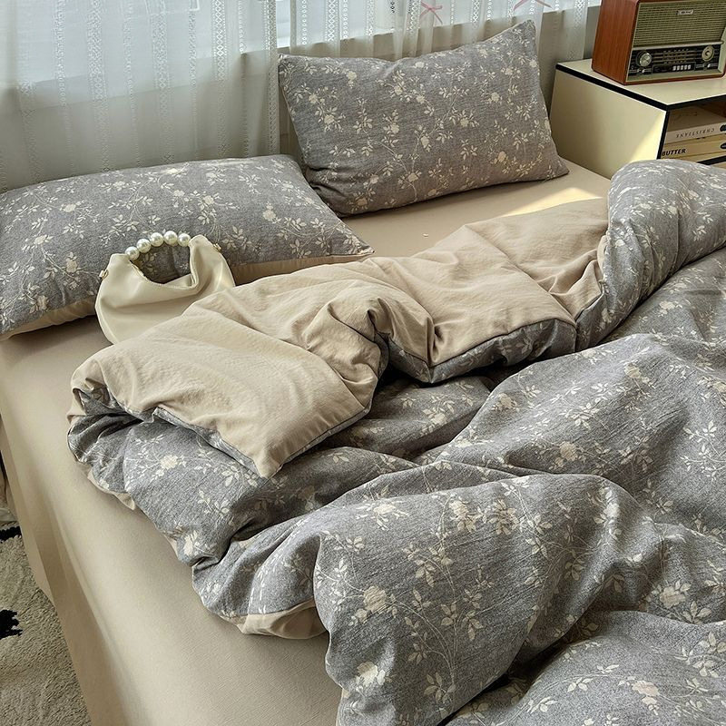 Class a Original Hemp Linen Bed Jacquard Four-Piece Set Single and Double Retro Style Thickeneded Quilt Cover Bed Sheets Dormitory Three-Piece Set