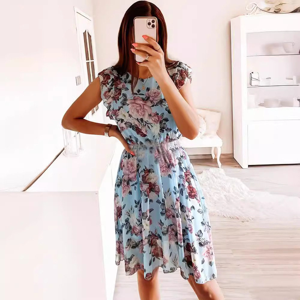 Summer Vacation Ruffle Sleeve Chiffon Dress Floral Print Lightweight Elegant Perfect for Beach or Party Wholesale