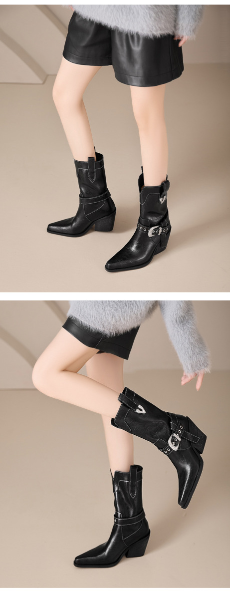 Boot nữ cổ thấp da bò gót xuồng mũi nhọn khóa thắt lưng — Lớp lót đơn màu đen, Lớp lót đơn màu nâu, Lót nhung đen, Lót nhung màu nâu