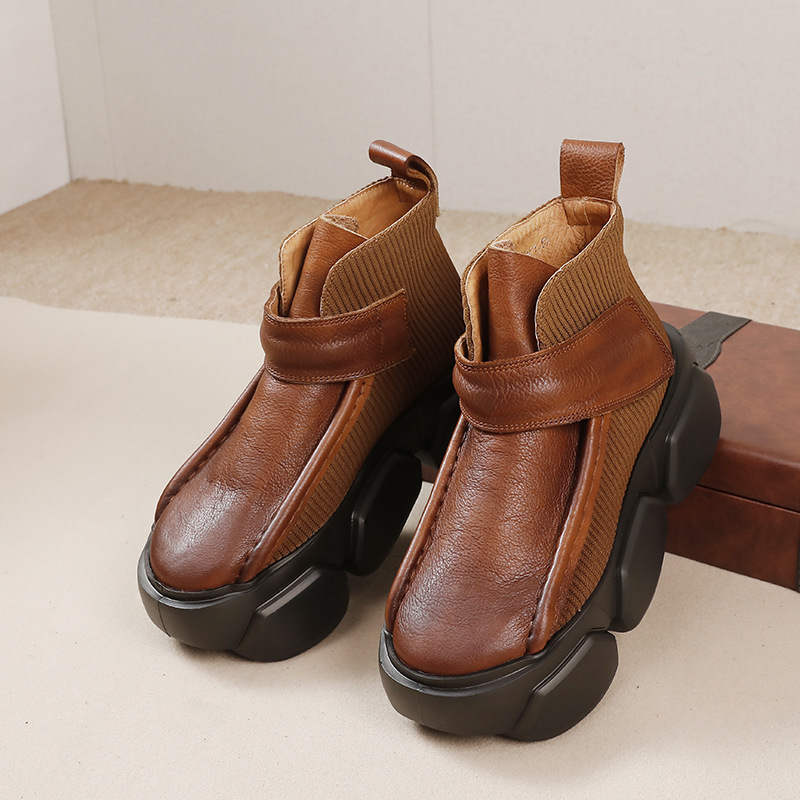 Boot nữ cổ thấp da bò thật đế dày phong cách cổ điển — Màu đen, Màu nâu đậm