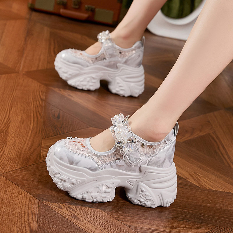 Giày Mary Jane nữ quai ngang đế dày đính đá rhinestone, gót siêu cao 8cm — Bạc, Trắng