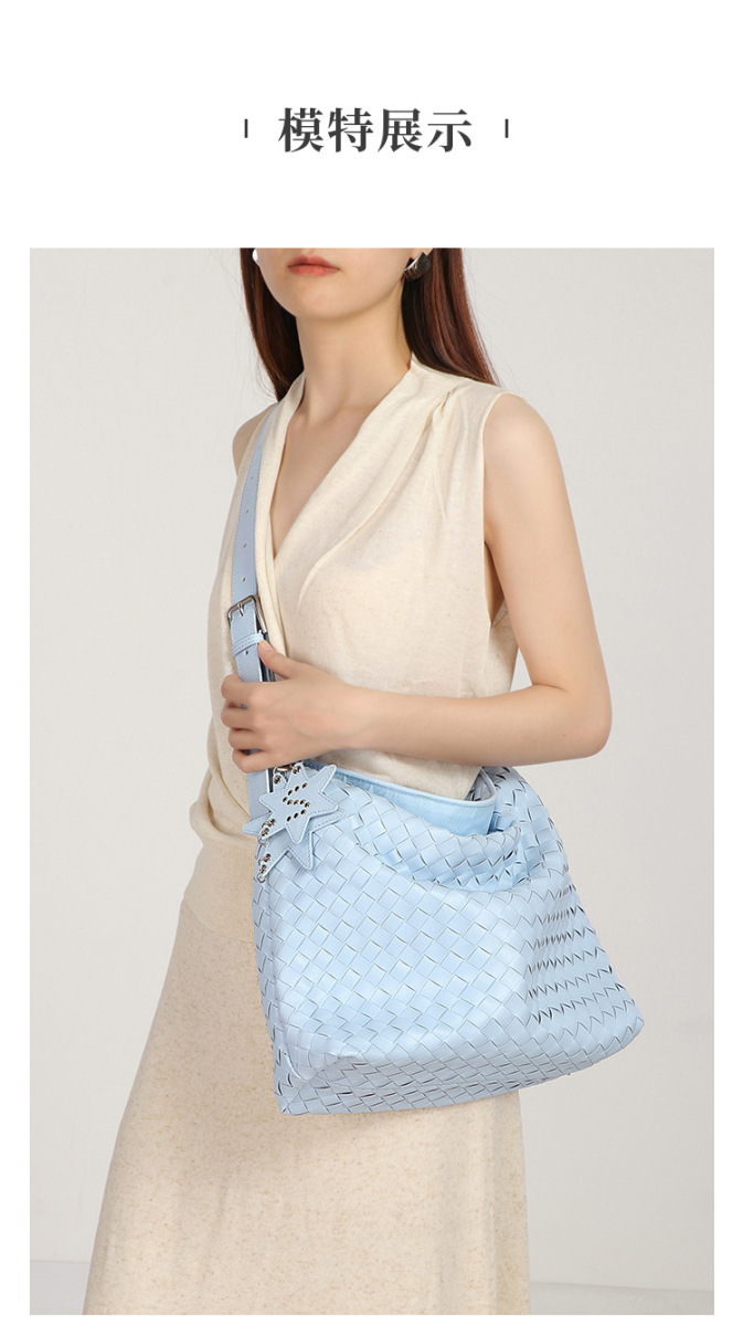 Túi tote nữ đan phối da PU dáng xô đeo vai và đeo chéo — B2840 # Xanh da trời, Nhà máy riêng, có thể tùy chỉnh theo yêu cầu.
