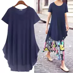 2023 Summer cross-border foreign trade casual simple new short sleeve round neck pullover solid color mid-length loose dress