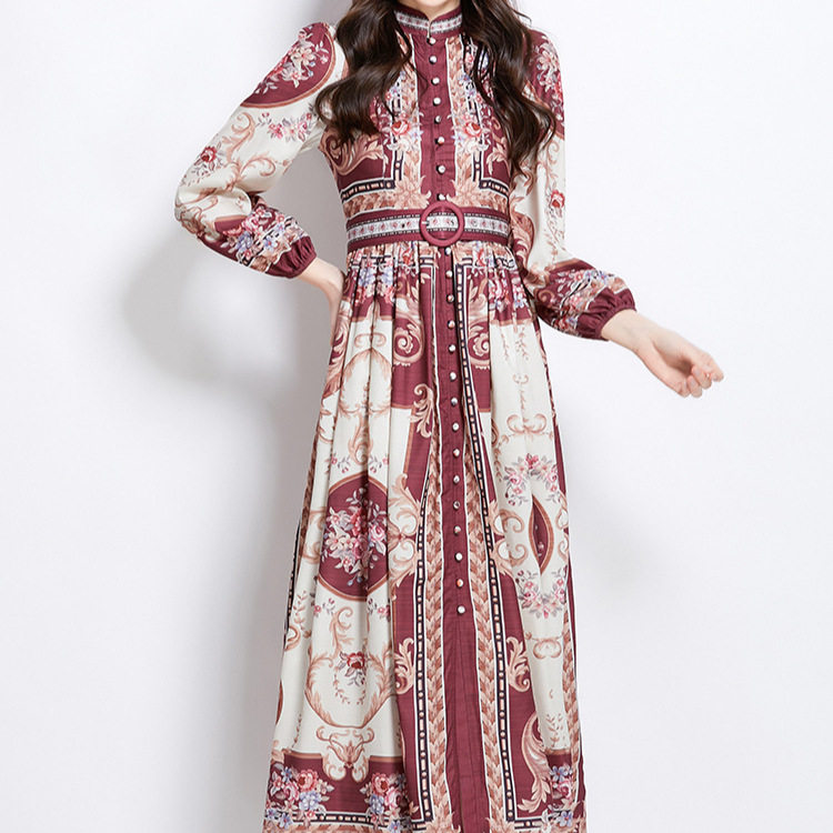 Vintage Lantern Sleeve Waist Defined Button Down Floral Maxi Dress Elegant Slim Fit Chic Style Perfect for Parties