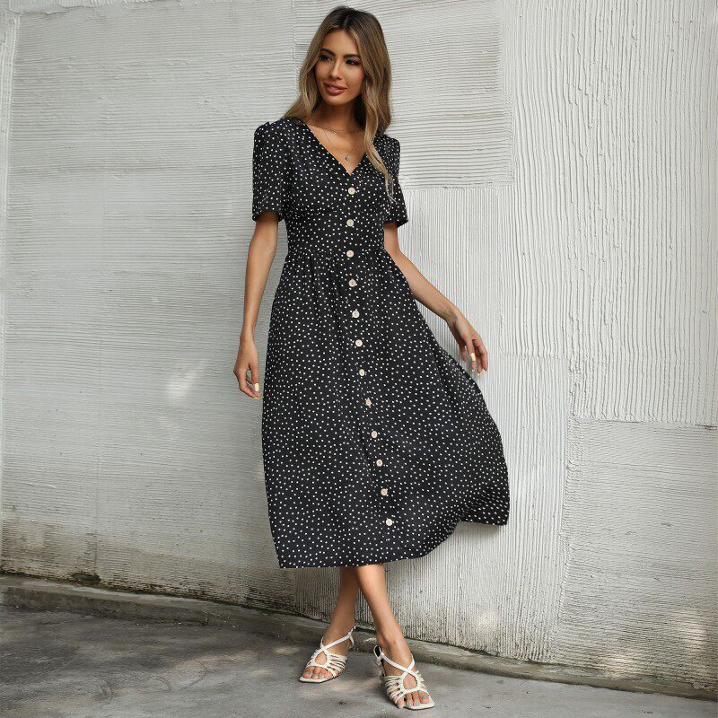 Summer Womens Midi Dress Short Sleeve Button Closure Polka Dot V Neck Casual Wear for Everyday Wholesale