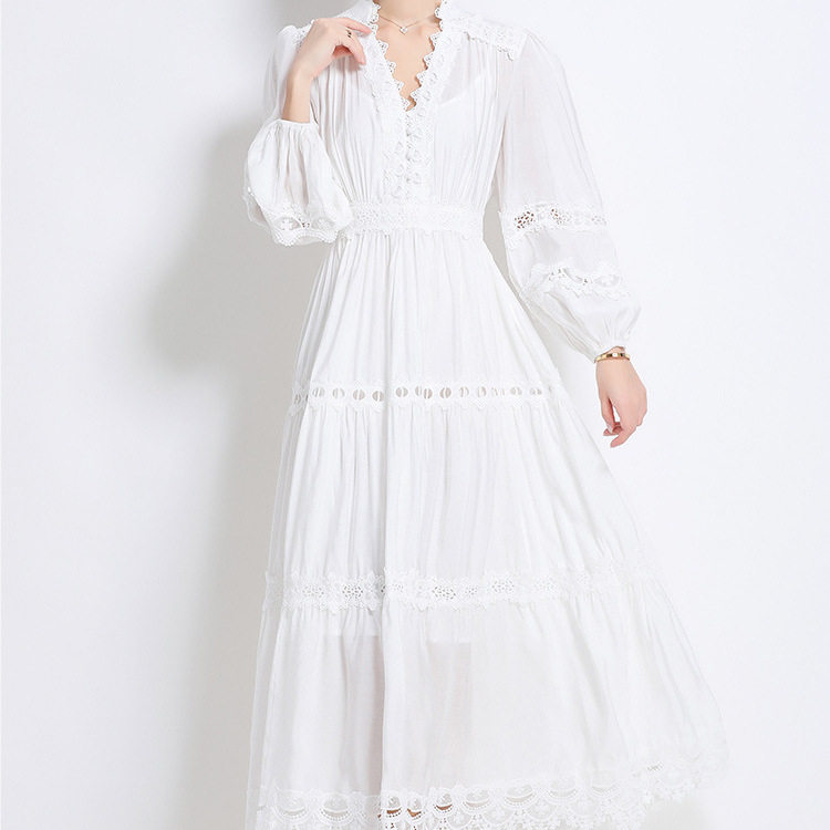 Vintage Court Style Puff Sleeve Dress Hollow Out Lace Cross Neck Design Elegant Long Dress for Autumn Wholesale