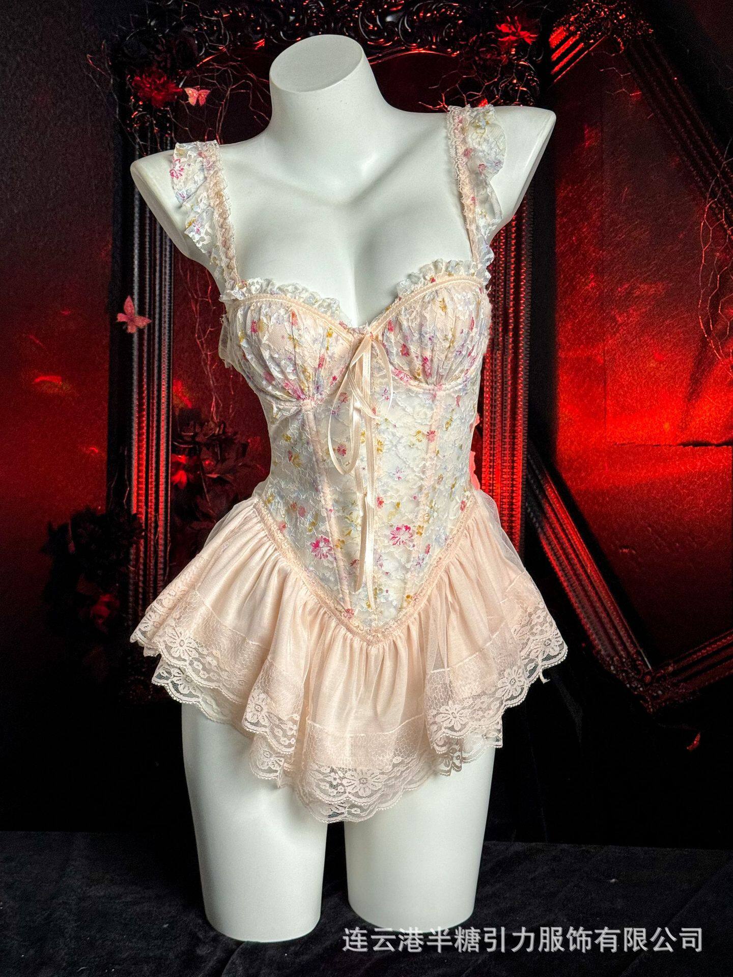 半糖引力碎花印染甜美鱼骨胸衣带胸垫纯欲吊带情趣内衣聚拢女992