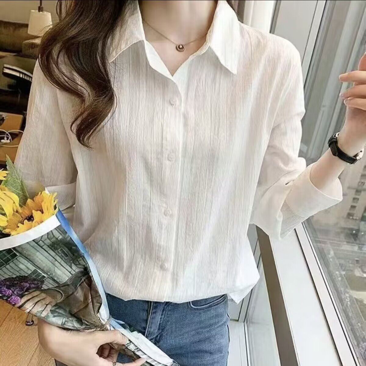 Womens French Style Long Sleeve White Shirt Unique Design Summer Fashion UV Protection Wholesale Available