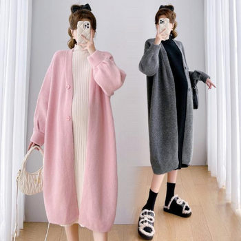 Winter New Maternity Wear Elegant Cardigan Long Thick Sweater Coat + Sweater Base Dress Two-Piece Set