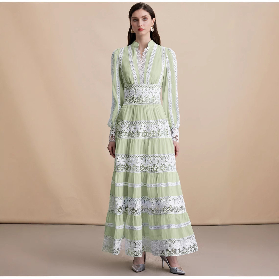 Elegant V Neck Lantern Sleeve Dress Stunning Lace Paneling Waist Defining Autumn Fashion Wholesale Available