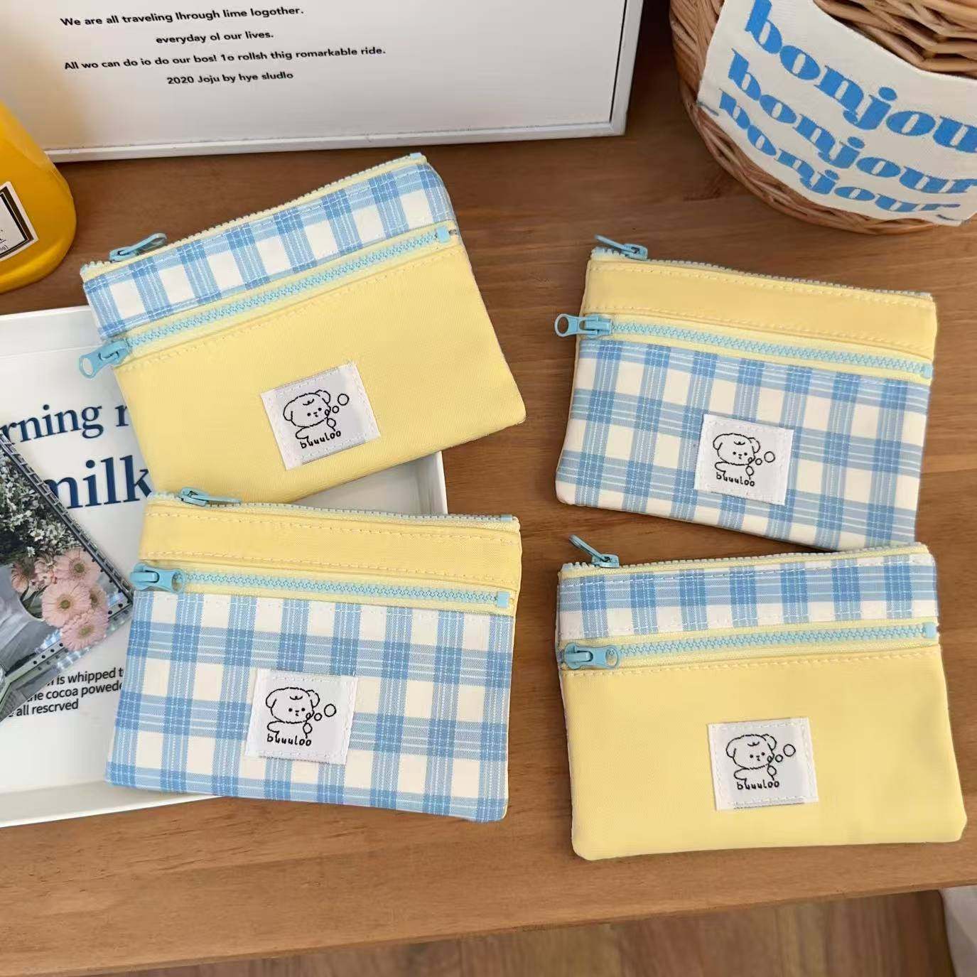 New Spliced ​​Double-Layer Zipper Storage Bag, Small Fresh Custard Plaid Lipstick Earphone Bag, Portable Clutch Bag, Card Holder