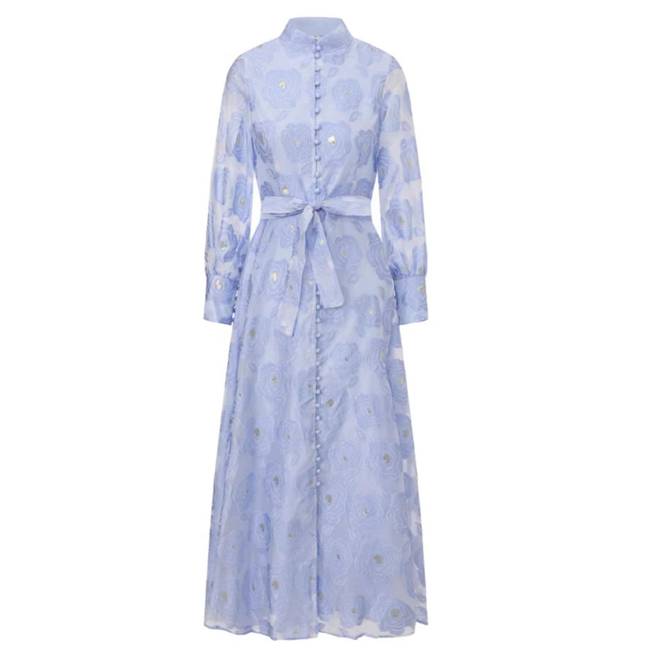 Vintage Inspired Luxury Jacquard Dress Stand Collar Waist Tie Slim Fit Elegant Long Dress for Spring and Autumn