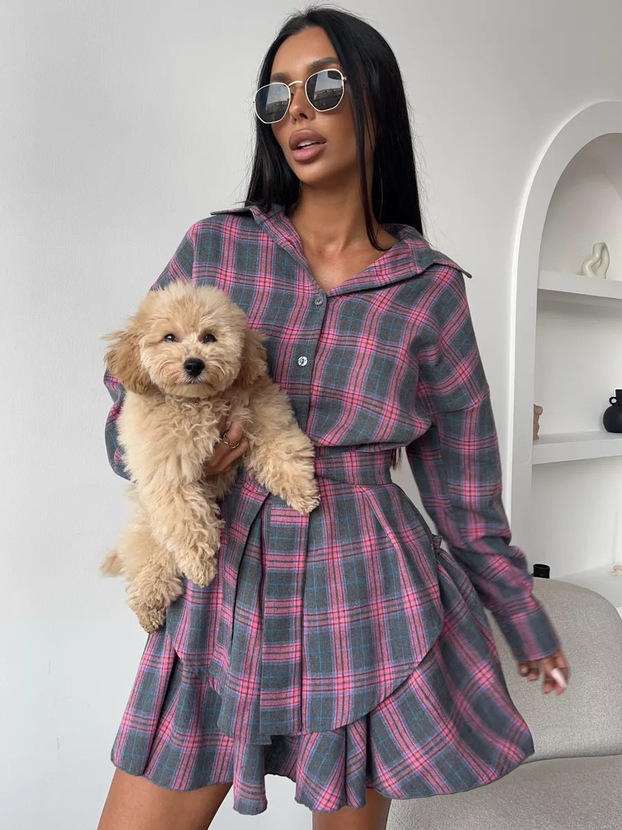 Plaid Two Piece Set Loose Fit Shirt with Lapel Waist Tie Flared Skirt Casual Fashion for Women Wholesale Available