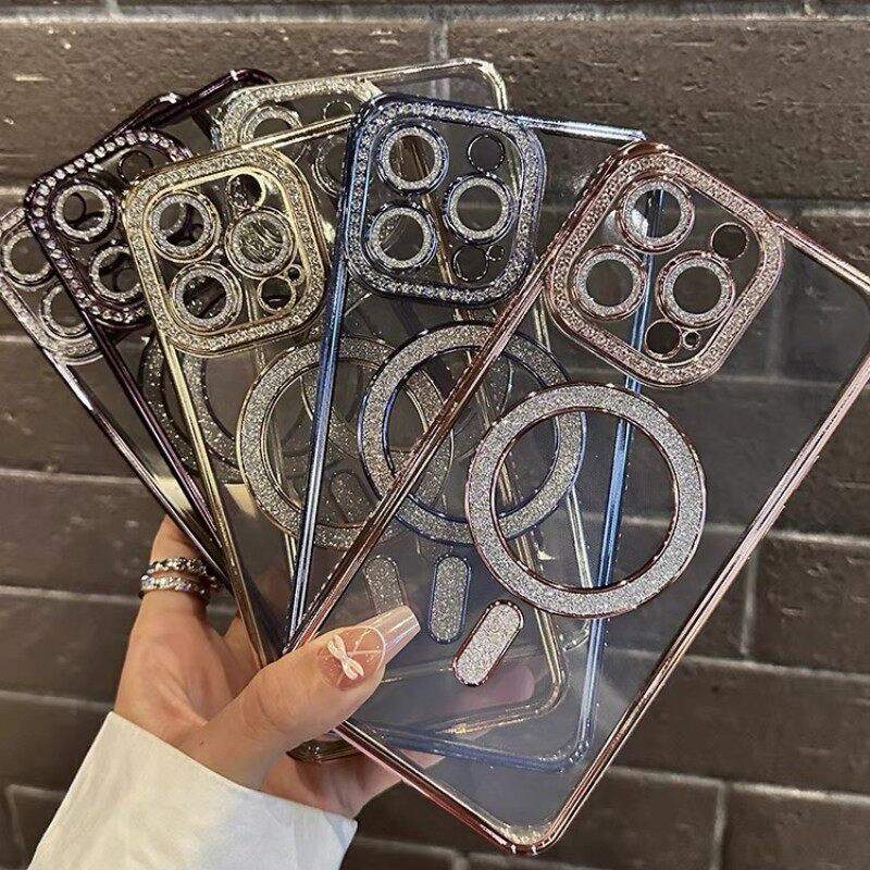 Rhinestone Frame Suitable for Iphone17Pro Magnetic Transparent Mobile Phone Case Apple 16 Glitter Anti-Fall 13 Soft Shell 12