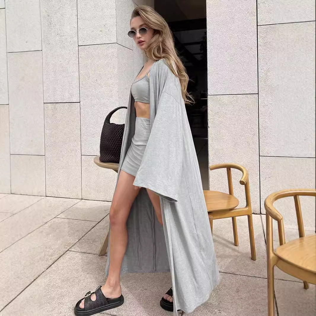Womens 3 Piece Set Loose Long Cardigan Cami Top and Mini Skirt Casual Chic Style for Spring Summer Wholesale