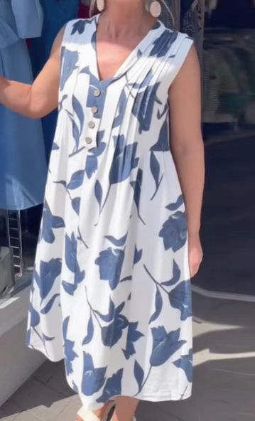 Summer Floral V Neck Button Sleeveless Dress Loose Fit Casual Style Perfect for Everyday Wear Wholesale Available
