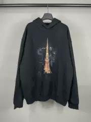 Correct Version High-Quality 25Ss New Model Iron Tower Print Front and Back Distressed Washed Vintage Hoodie