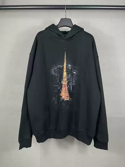 Correct Version High-Quality 25Ss New Model Iron Tower Print Front and Back Distressed Washed Vintage Hoodie