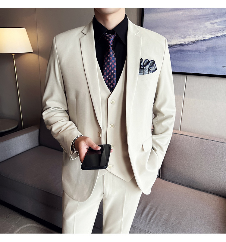 Bộ com-lê nam ba mảnh dáng ôm, áo vest một hàng khuy phong cách công sở — Màu xám (áo một nút + áo vest + quần), Màu xanh (áo một nút + áo vest + quần), Màu đen (áo một nút + áo vest + quần), Màu xanh navy (áo một nút + vest + quần)