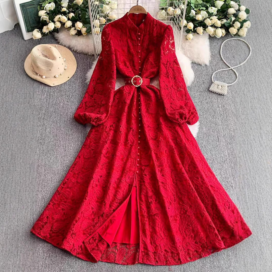 Elegant Womens Dress French Style Lace Slim Fit Button Closure Floral Embroidery Perfect for Formal Occasions