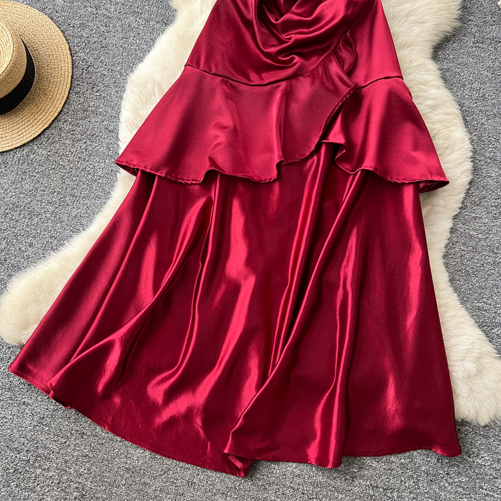 Red Satin A Line Dress with Built in Bra Sleeveless Ruffled Hem Waist Defined Elegant Evening Gown for Special