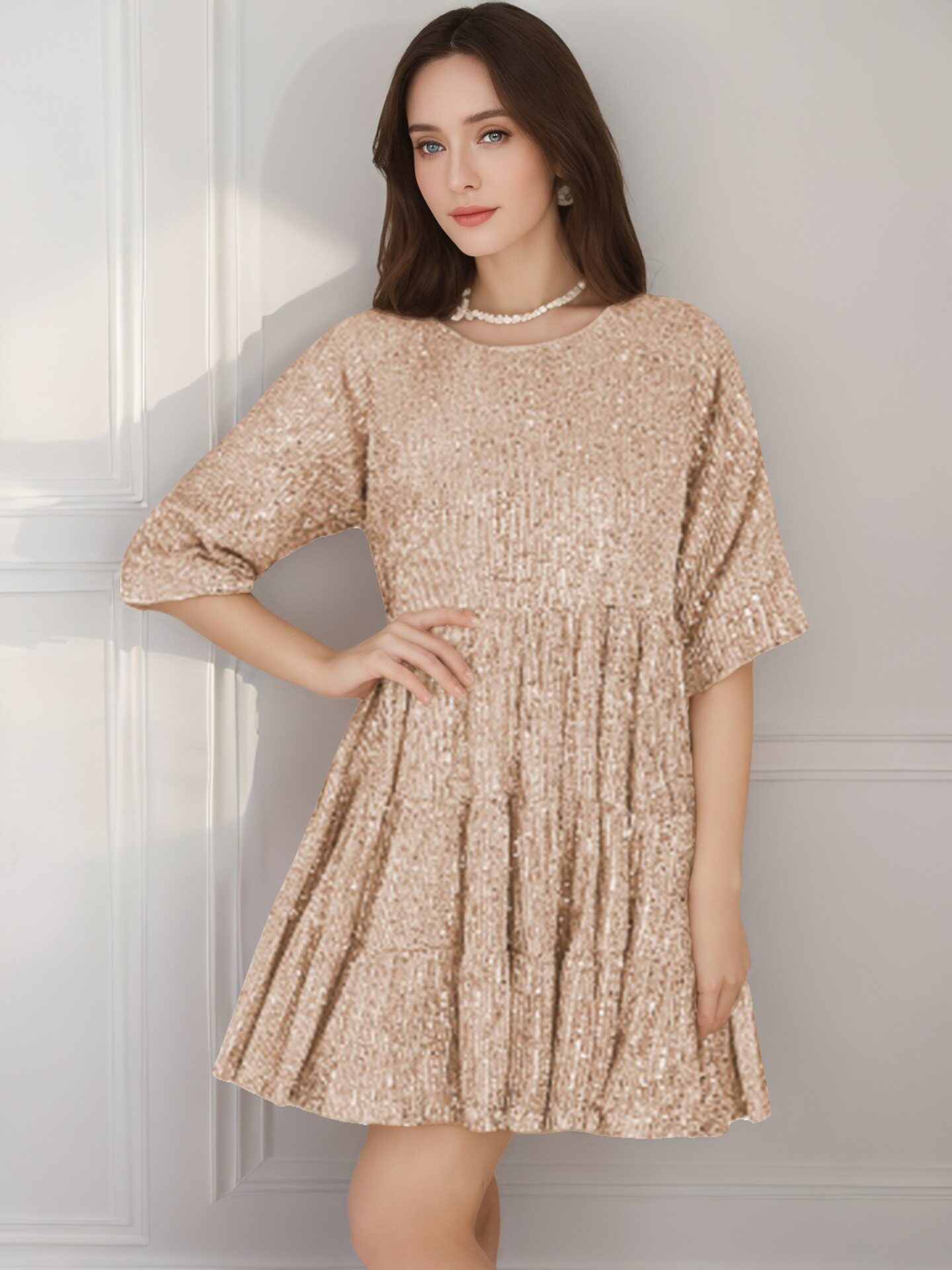 Fashionable Short Sleeve A Line Dress Round Neck Loose Fit Sequin Detail Evening Party Wear Wholesale Available