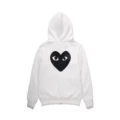Fleece-lined white cardigan with a big black heart on the back