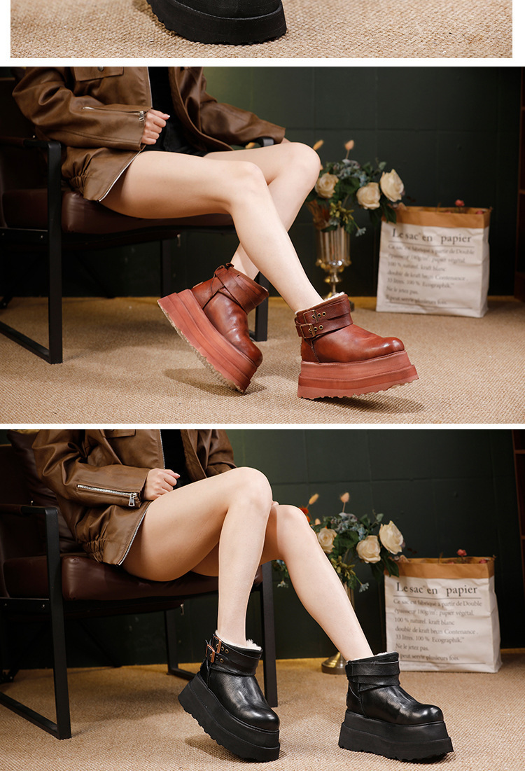 Boot lông cừu nữ cổ cao đế dày giữ ấm mùa đông — màu đen, nâu