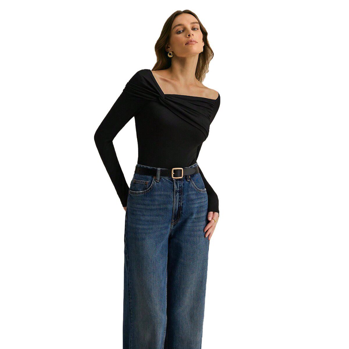Elegant Womens T Shirt Simple Fashion Asymmetrical Neckline Pleated Design Slim Fit Spring Summer Casual Wear