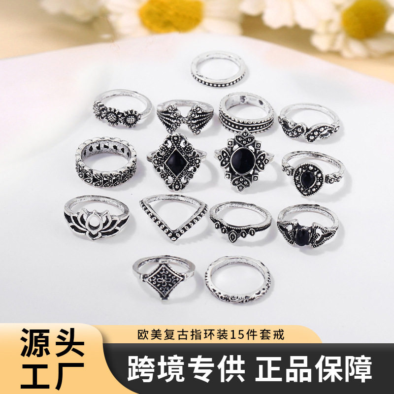 ancient silver hollow lotus knuckle ring set with diamonds， retro finger rings, 15-piece set