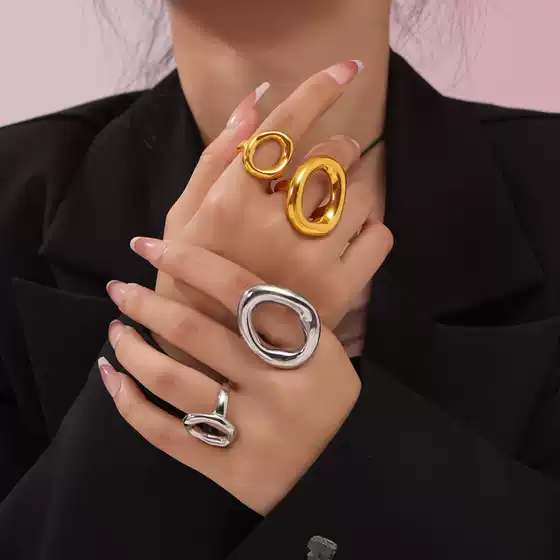INS Style Korean Style Casual Minimalist Design Sense Jewelry Geometric Hollow Irregular Ring Titanium Steel Gold-plated Ring
