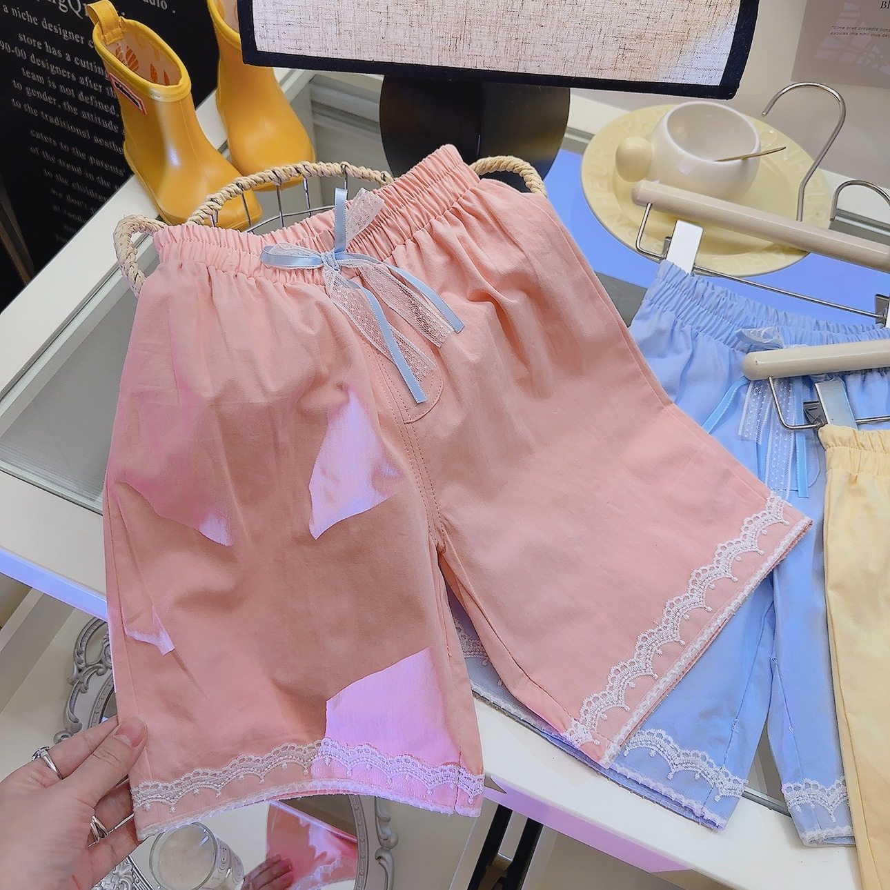 Women's Double-Stripe Lace Shorts, New Summer High-Waist Loose Flowy Wide-Leg Straight Shorts with Bow, Versatile Style