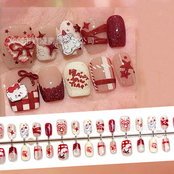 Tiktok Trending Christmas and New Year Cute Bear Wearable Nails with Sparkling Cat Eye Plaid Nail Stickers 3D Ins