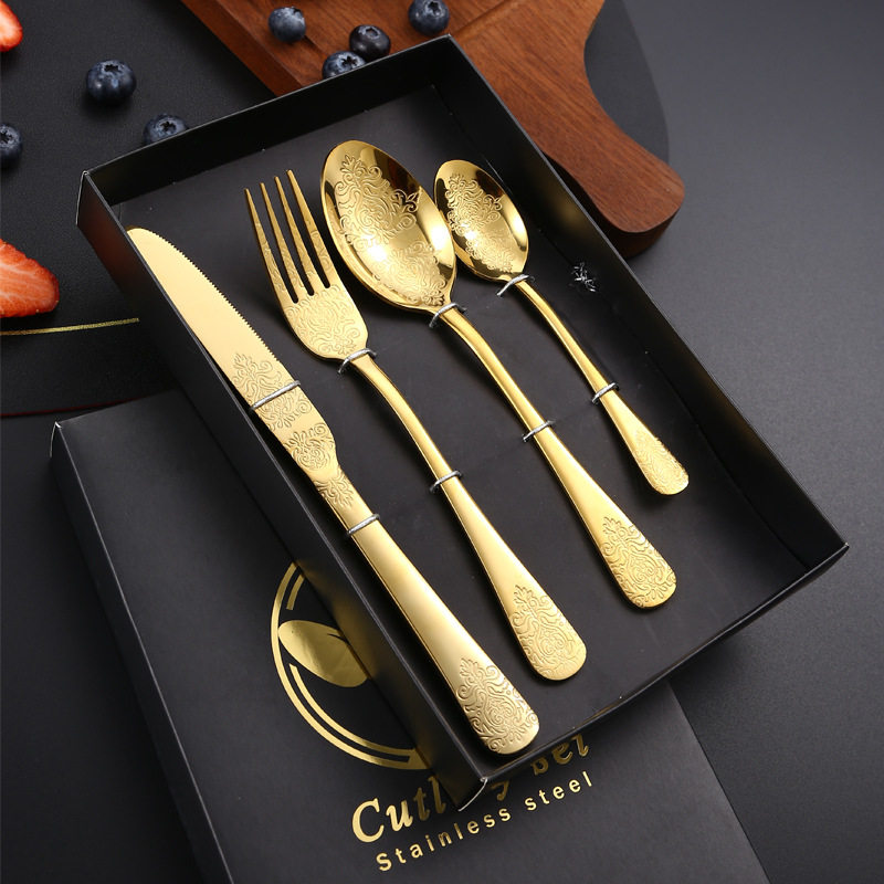 Cross-Border Nordic Stainless Steel Western Cutlery Set with Four Main Pieces: Steak Knife, Fork, and Spoon, Thickened Gift Set with National Trend Style