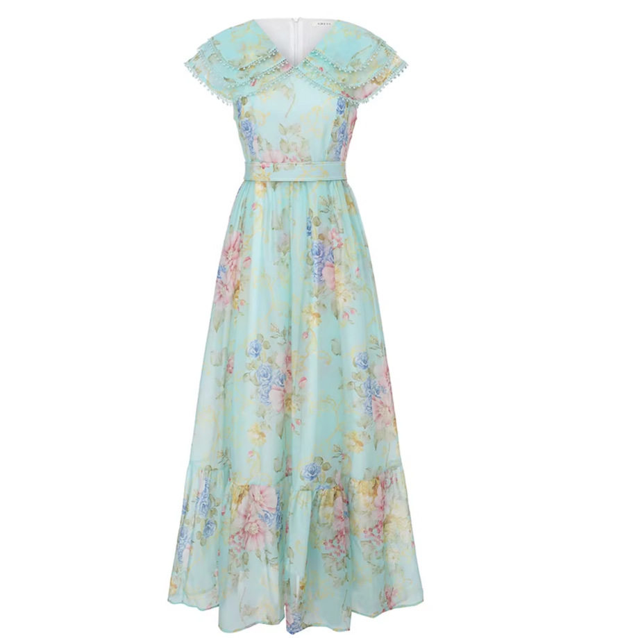 Vintage Floral Print Doll Collar Dress for Women Sweet Double Layer Lace Trim Ruffled Hem Waist Defined Spring and