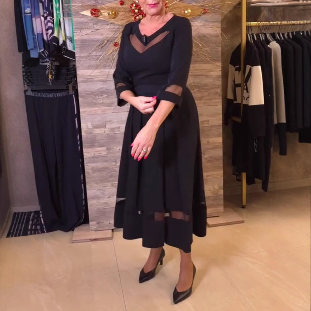Elegant Long Sleeve V Neck Dress Sheer Mesh Panel Waist Defined Solid Color Perfect for Parties and Events