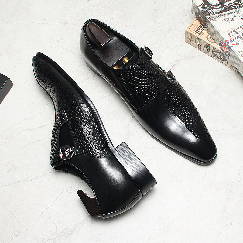 Giày da nam monk strap khóa đôi mũi nhọn da bò thật — màu đen, Màu đỏ rượu