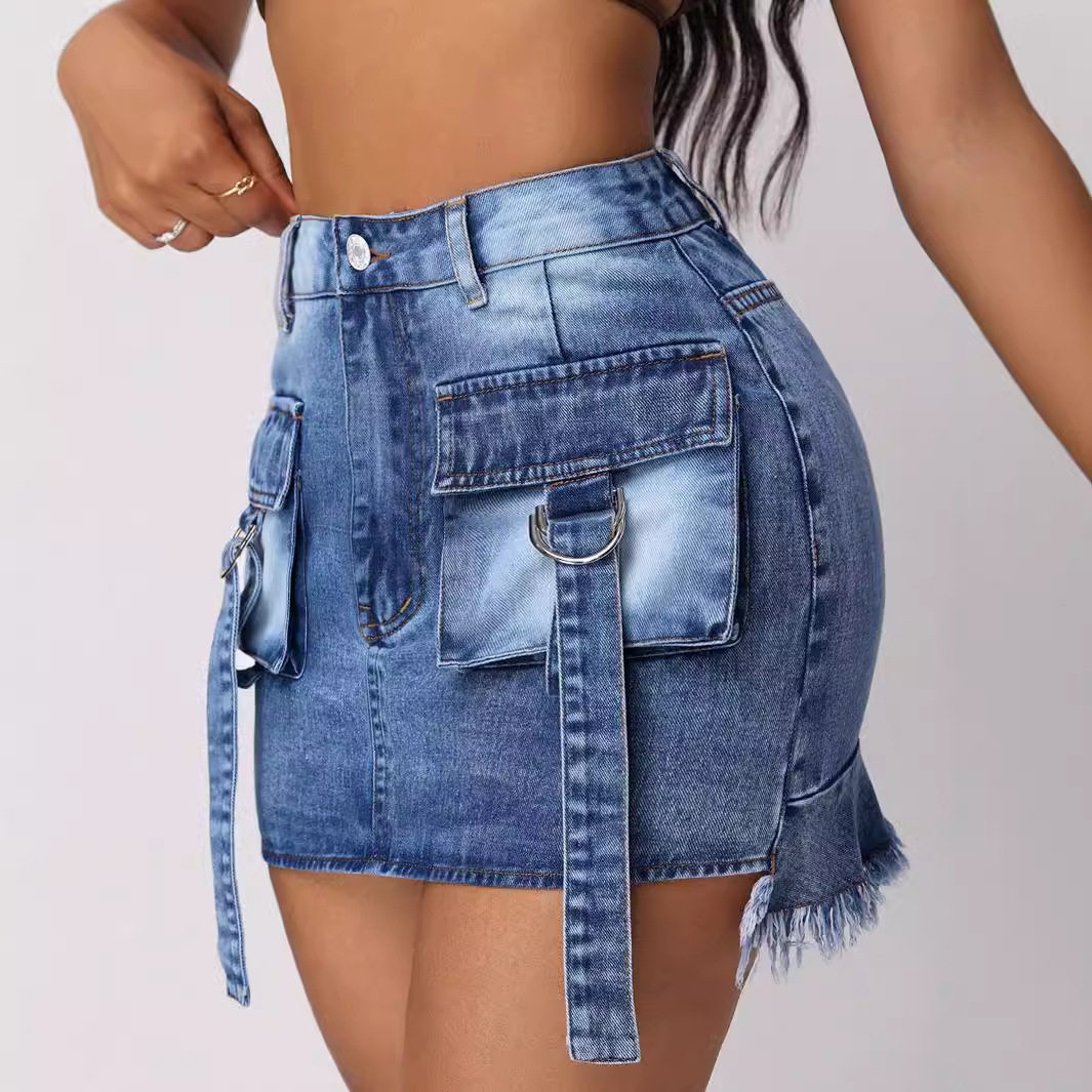Casual Denim Skirt Stylish Workwear Design Large Pockets Decorative Straps Versatile for Everyday Wear Wholesale