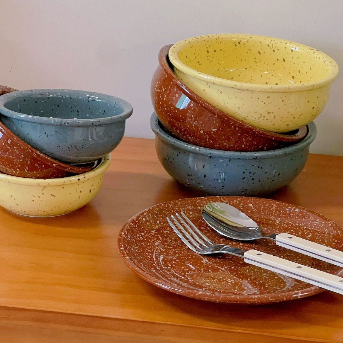 Splash-Ink Retro Simple Ceramic Rice Bowl Soup Bowl Shallow Dish Plate Ceramic Tableware Set Household Imitation Enamel Style