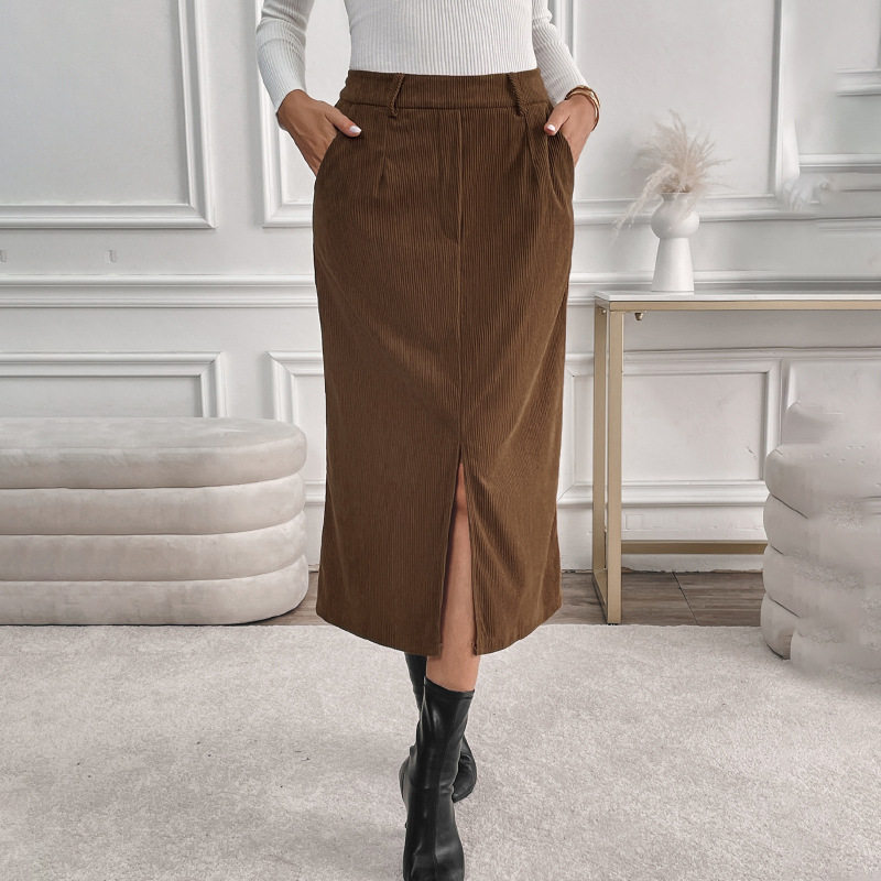 High Waisted Corduroy Midi Skirt Vintage Style Solid Color Split Design Autumn Winter Fashion Wholesale Available