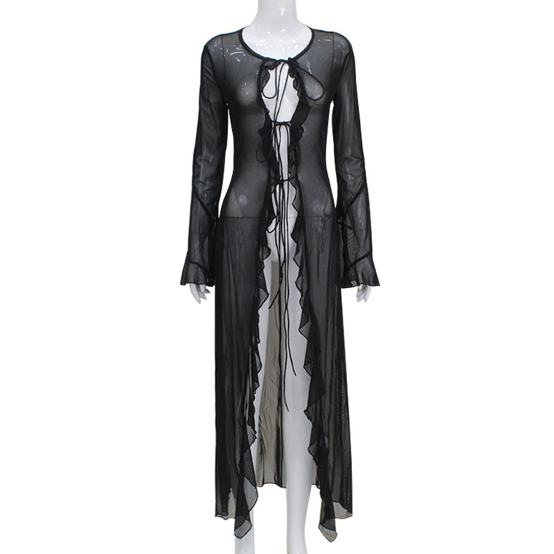 Sheer Mesh Long Cardigan Dress Ruffled Edges Tie Closure Sexy Style Perfect for Parties and Night Out Wholesale