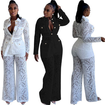 New Independent Brand Amazon European and American Women's Clothing Sexy Lace Autumn Fashion Crochet Lapel Long-Sleeve Pants Suit