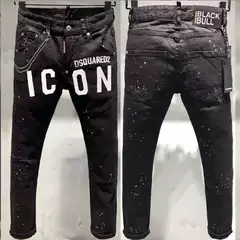 European and American Pure Black Printed Cotton Elastic DSQD Second Square Fashionable Painted Street Stylish Men's Pants Aliexpress Jeans