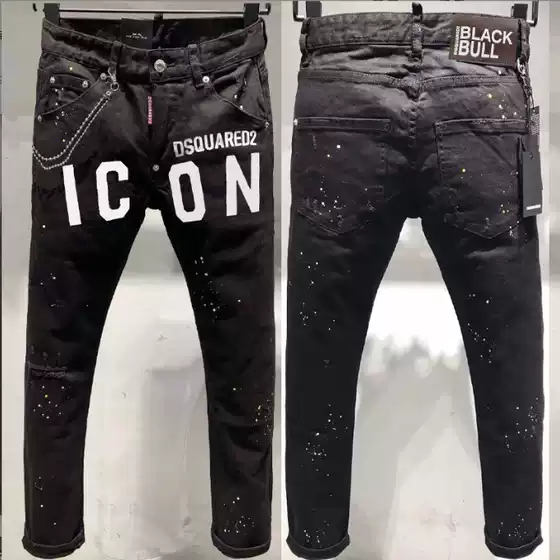 European and American Pure Black Printed Cotton Elastic DSQD Second Square Fashionable Painted Street Stylish Men's Pants Aliexpress Jeans